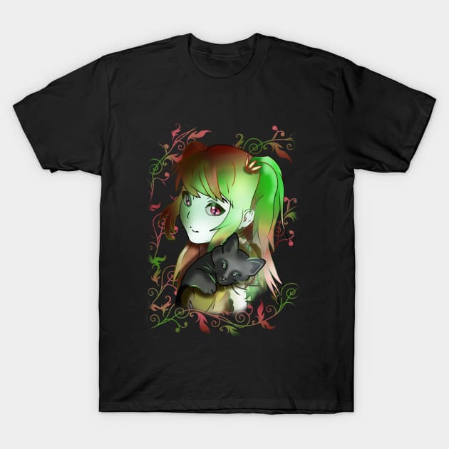 Green witch girl with black kitten for anime fans T-Shirt by cuisinecat